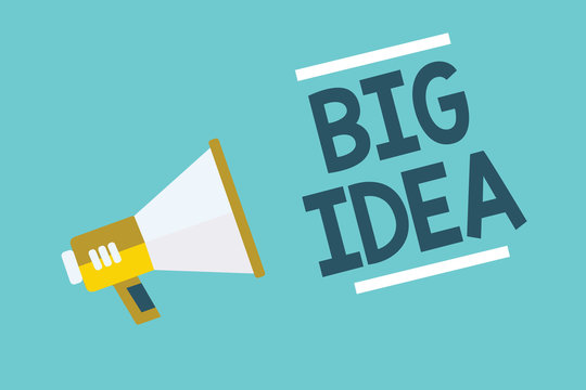 Writing note showing Big Idea. Business photo showcasing Having great creative innovation solution or way of thinking Megaphone loudspeaker blue background important message speaking loud.