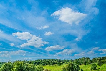 Beautiful summer countryside with small hills and trees on the horizon