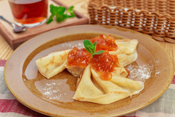 Russian pancakes healthy breakfast dish close up