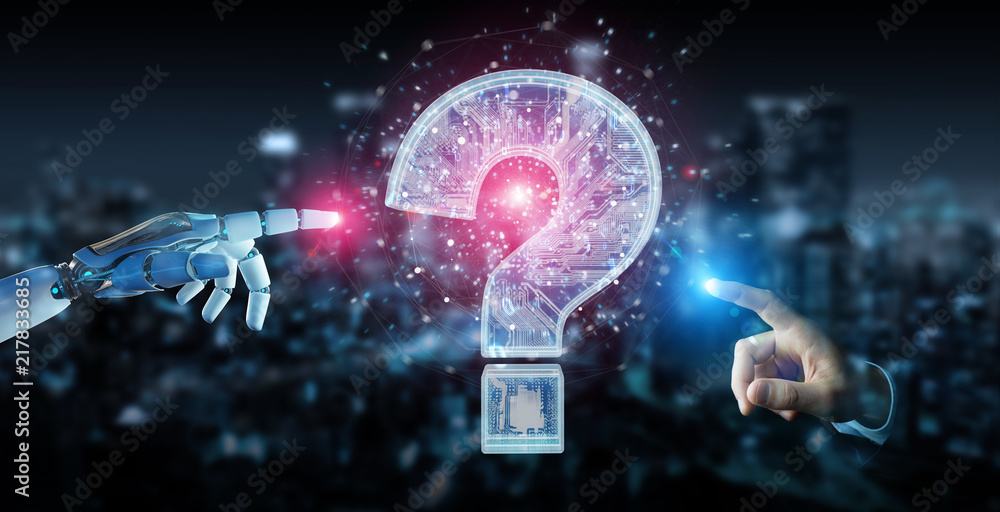 Aufkleber cyborg solving problem with digital question marks 3d rendering