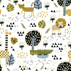 Safari animals seamless pattern with cute giraffe, leopard, alligator, dangerous lion and tropical plants. Vector texture in childish style great for fabric and textile, backgrounds. Pastel colors.