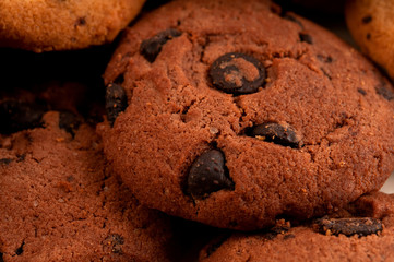 Sweet cookies with chocolate, cinnamon and milk. Set-up on wood background