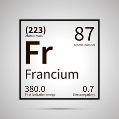 Francium chemical element with first ionization energy, atomic mass and electronegativity values ,simple black icon with shadow