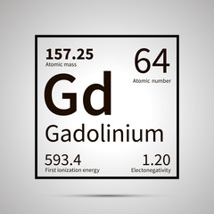 Gadolinium chemical element with first ionization energy, atomic mass and electronegativity values ,simple black icon with shadow