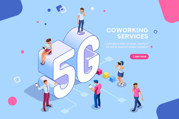 Internet systems telecommunication service. Wifi broadcast and data generation. Mobile 5G smartphone signal, tech of speed, global broadcasting to cloud. Isometric concept with characters illustration