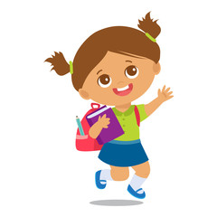 Vector Illustration Of Happy School Girl Go To School. Welcome Back To School. Cute School Girl With Book And Schoolbag Isolated On A White Background.