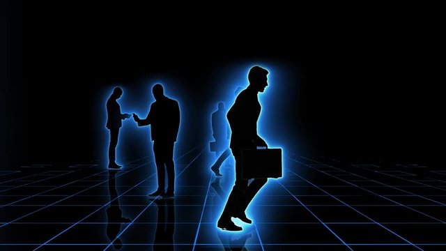 Computer generated animation of a neon grid with business people silhouettes moving towards the camera. Seamlessly loopable animation.