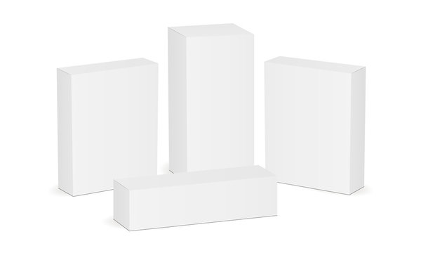 Set of four white blank rectangular boxes. Mock up for pharmaceutical packaging design. Vector illustration