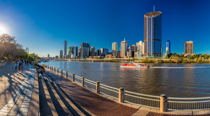 BRISBANE, AUSTRALIA AUG 12 2018: Panoramic view of Brisbane from South Bank over the river.