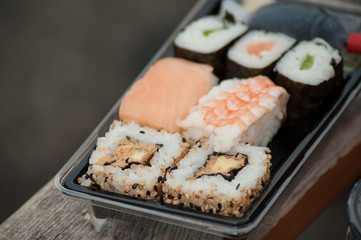 closeup of sushis and makis assortment