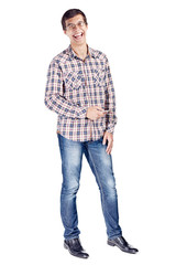 Laughing man with phone full body