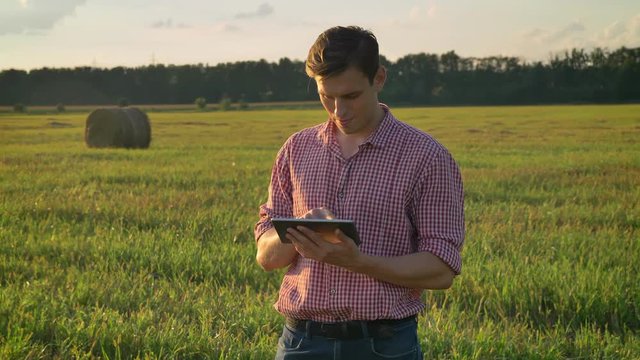 Confident successful man in shirt typing on tablet and looking around at straw field, standing on cultivated land during sunset in background