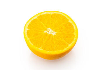 Slice of half fresh orange isolated on white background. Healthy fruit with vitamins.