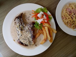 Grilled Beef steak on dish.