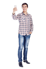 Man taking picture with phone full body