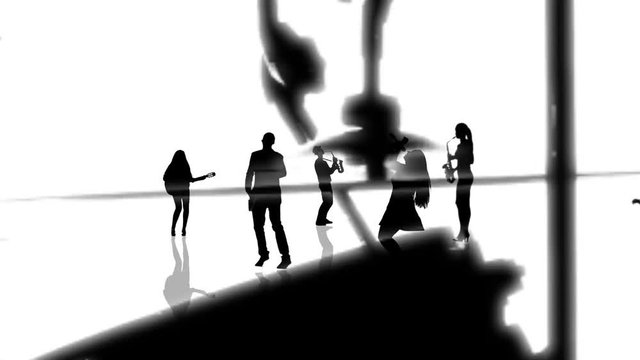 Computer generated animation with musician people silhouettes moving towards the camera. Seamlessly loopable animation.