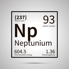 Neptunium chemical element with first ionization energy, atomic mass and electronegativity values ,simple black icon with shadow
