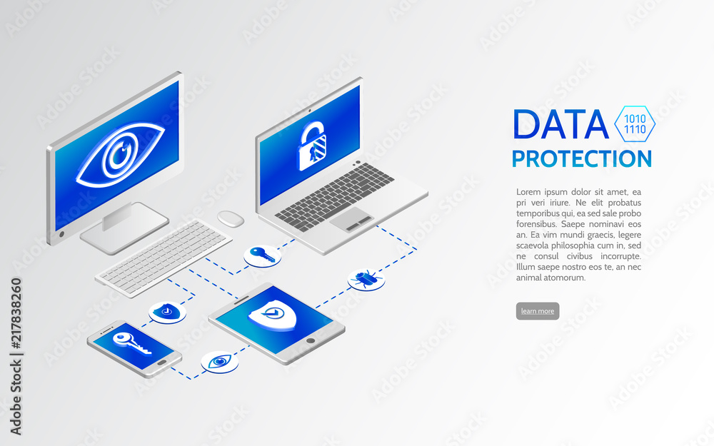 Poster Data protection isometric concept. Internet security 3d isometry illustration. Privacy protection antivirus hack. Can use for web site and banner