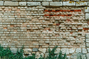 Aged ancient brick street wall background, retro texture