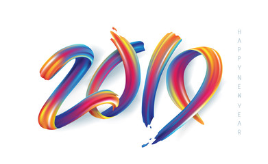 2019  New Year calligraphy with colorful brushstroke oil or acrylic paint design element for greeting card, flyers, leaflets, postcards and posters. Vector illustration.