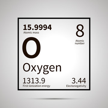 Oxygen chemical element with first ionization energy, atomic mass and electronegativity values ,simple black icon with shadow