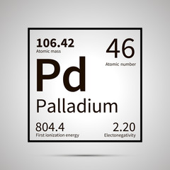 Palladium chemical element with first ionization energy, atomic mass and electronegativity values ,simple black icon with shadow