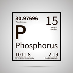 Phosphorus chemical element with first ionization energy, atomic mass and electronegativity values ,simple black icon with shadow
