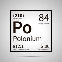 Polonium chemical element with first ionization energy, atomic mass and electronegativity values ,simple black icon with shadow
