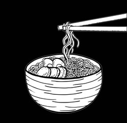Hand drawn Japanese food sketch Illustration. Retro style. Sushi bar. Miso soup. Ramen