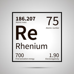 Rhenium chemical element with first ionization energy, atomic mass and electronegativity values ,simple black icon with shadow