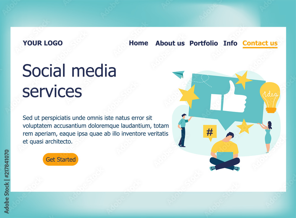Fototapete landing page template of social media services. modern flat design concept of web page design for we