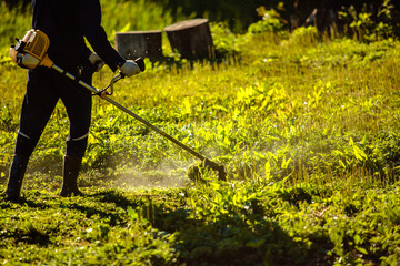 Young guy mows the grass trimmer