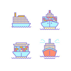 Ships flat line icons. Cargo shipping tanker, sea trip , marine transportation vector illustrations. Thin signs for ocean cruise.