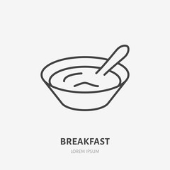 Yogurt with spoon flat logo, breakfast porridge icon. Dairy product vector illustration. Sign for healthy food store.