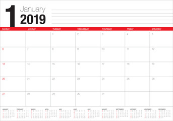 January 2019 desk calendar vector illustration