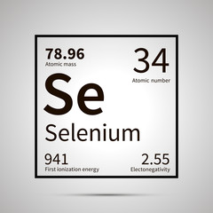 Selenium chemical element with first ionization energy, atomic mass and electronegativity values ,simple black icon with shadow
