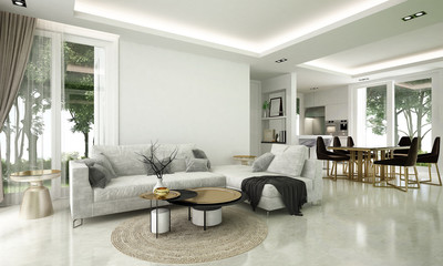 Modern living and dining room interior design and garden view