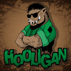 hooligan-boar image on a wooden background.