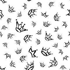 Hand drawn seamless Crown pattern in black color isolated on white.