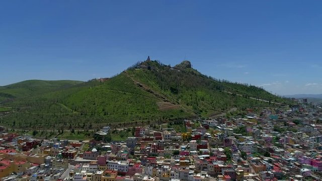 Magic town of Zacatecas Mexico, the historical downtown and the cable car, the mountain is "La Bufa" Historic place of old wars and mexican revolution.