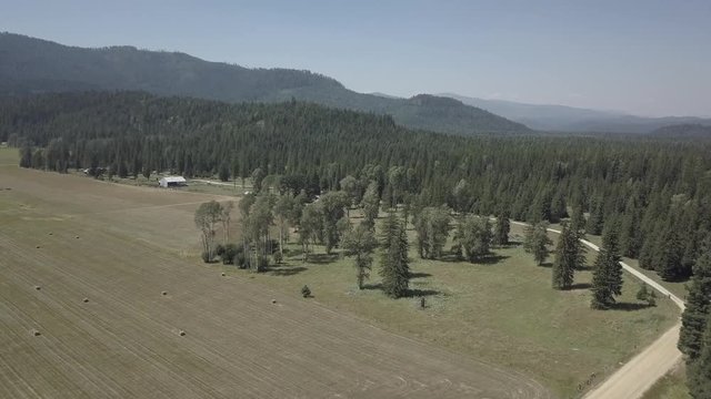 Aerial Drone View Landscape Dirt Road Forest Mountains Field Cut Hay