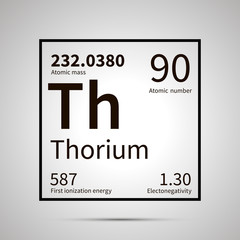 Thorium chemical element with first ionization energy, atomic mass and electronegativity values ,simple black icon with shadow