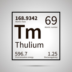 Thulium chemical element with first ionization energy, atomic mass and electronegativity values ,simple black icon with shadow