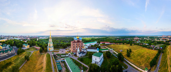 Fototapeta premium Aerial view of Bell tower and Cathedral of Ryazan Kremlin in the evening, Russia