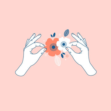 Woman hand holding paper florals. Handmade class. Vector illustration
