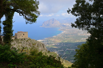 Beautiful panoramic view from Erice mountain at Mediterranean sea (Tyrrhenian sea), Sicily, Italy