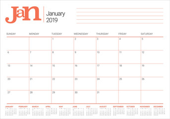 January 2019 desk calendar vector illustration