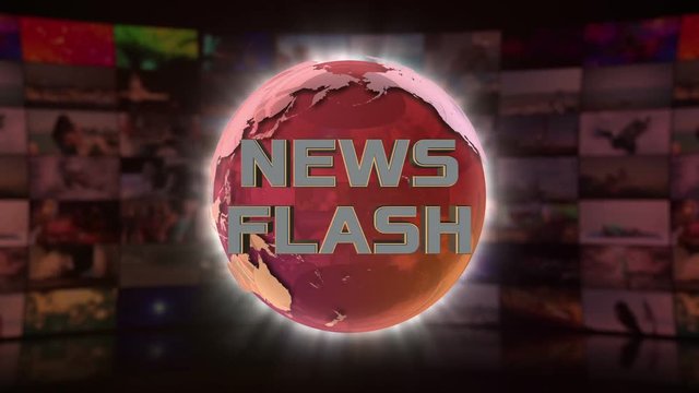 News Flash On Screen 3D Animated Text Graphics Over Spinning Animated Glass Globe News Broadcast Graphic Title Animation Seamless Looping Motion Background Video Backdrop Red Maroon