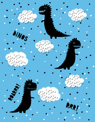 Cute Abstract Black Dinosaurs Vector Pattern. Black Dinos on a Blue Background. White Clouds. Hand Drawn Infantile Design. Hand Written Text. Irregular Black and White Dots on a Blue Layout. 