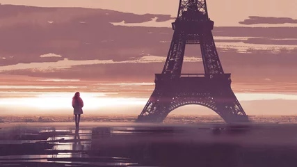 Tuinposter alone in Paris, woman looking at the Eiffel tower at early morning, digital art style, illustration painting © grandfailure